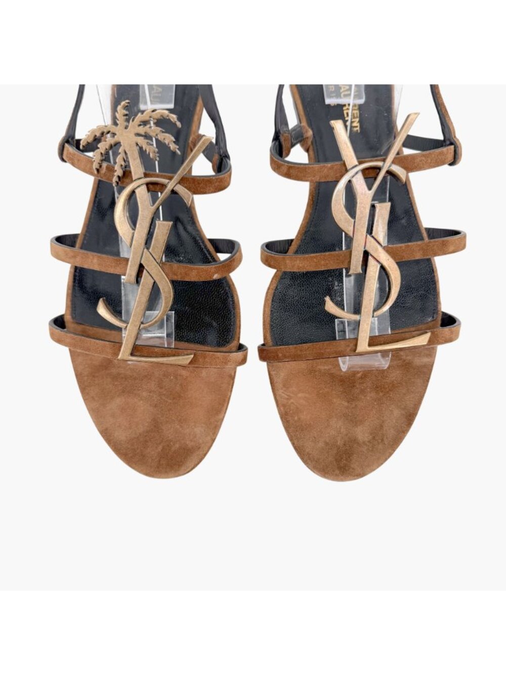 Saint Laurent Cassandra YSL Palm Tree Brown Suede Flat Sandals Size 40 US 10 - Picture 5 of 14